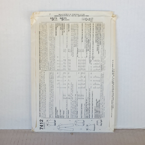 Vintage 80s  Simpicity Sewing Pattern 7412 Toddler Jumpsuit & Romper  - Uncut - Picture 5 of 5